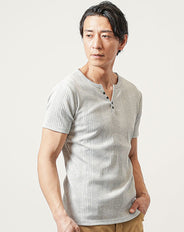 ランダムテレコ素材ヘンリーネック7分袖・半袖Ｔシャツ