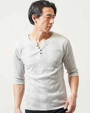 ランダムテレコ素材ヘンリーネック7分袖・半袖Tシャツ