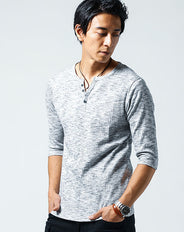 ランダムテレコ素材ヘンリーネック7分袖・半袖Ｔシャツ