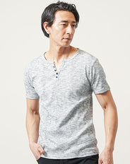 ランダムテレコ素材ヘンリーネック7分袖・半袖Tシャツ
