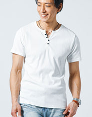 ランダムテレコ素材ヘンリーネック7分袖・半袖Tシャツ