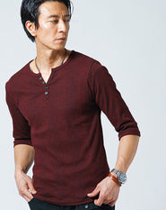 ランダムテレコ素材ヘンリーネック7分袖・半袖Tシャツ