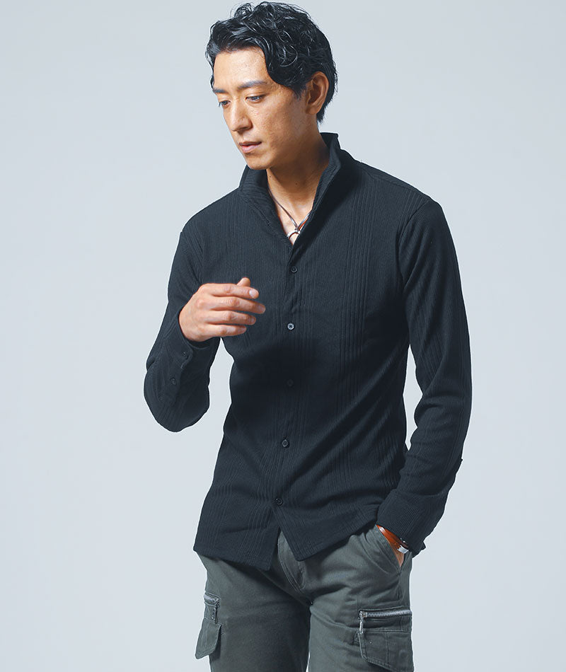 ランダムテレコ素材ワイヤー入りスタンドカラー長袖シャツ スタンド