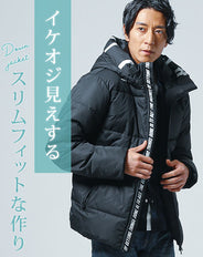 英字デザインフード付き中綿ダウンストレッチジャケット