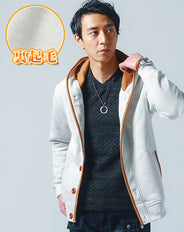 裏起毛素材パイピングデザイン長袖フードボタンパーカー