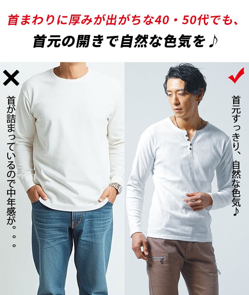 ランダムテレコ素材スリムフィット長袖ヘンリーネックＴシャツ