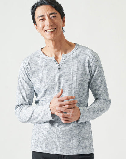 ランダムテレコ素材スリムフィット長袖ヘンリーネックＴシャツ