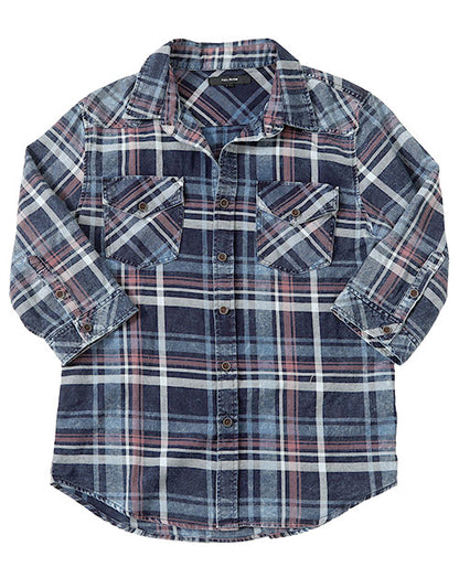 ウォッシュ加工インディゴチェックウエスタンシャツ
