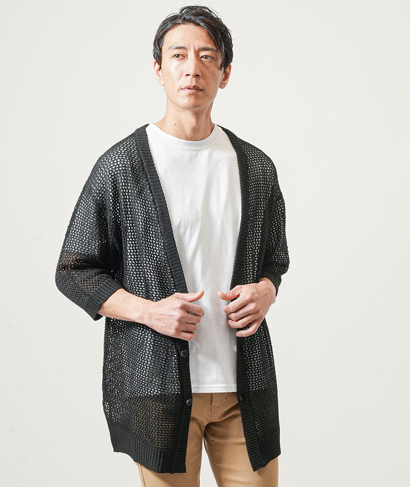 メッシュ編みオーバーサイズ5分袖カーディガン