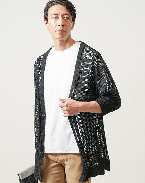 メッシュ編みオーバーサイズ5分袖カーディガン
