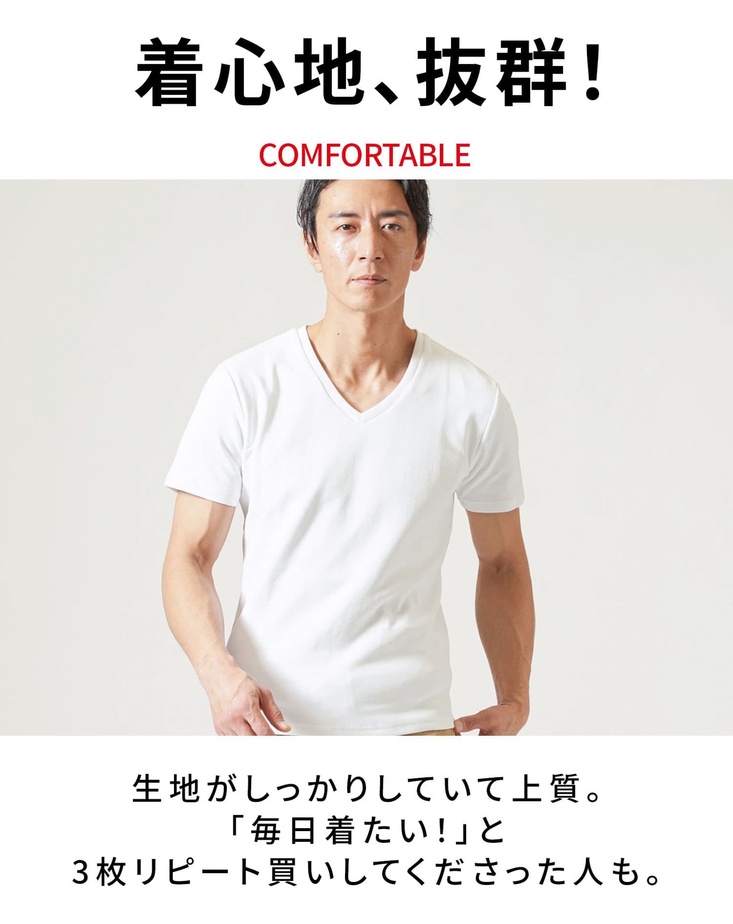 厚手生地スリムフィットストレッチ半袖VネックTシャツ