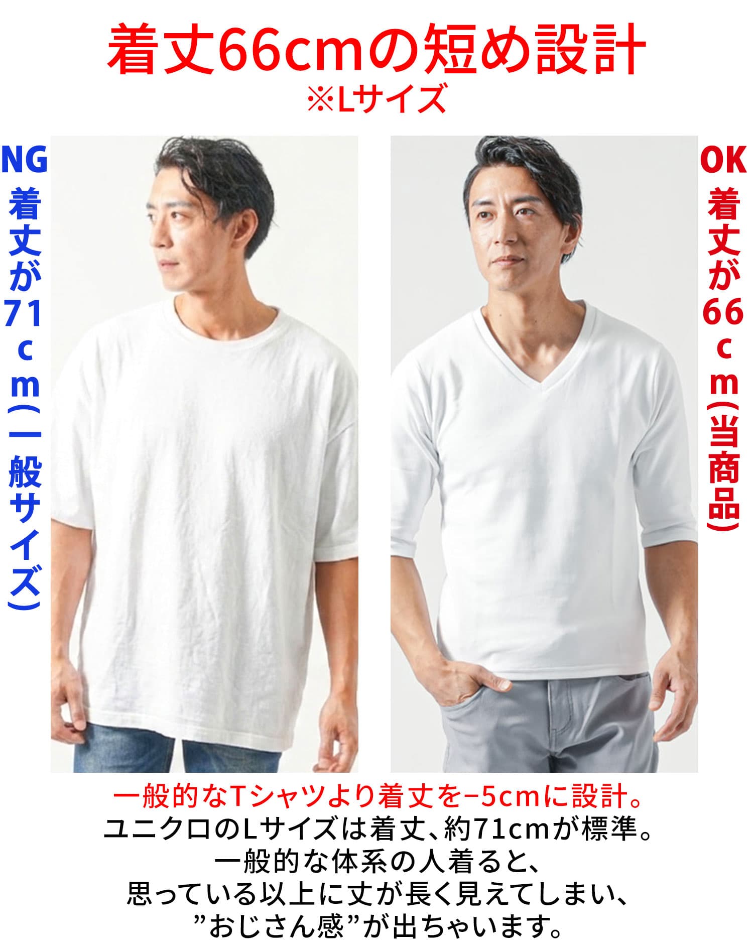 白Tシャツ メンズ 透けにくい 厚手7分袖Vネック 着丈短め おしゃれ