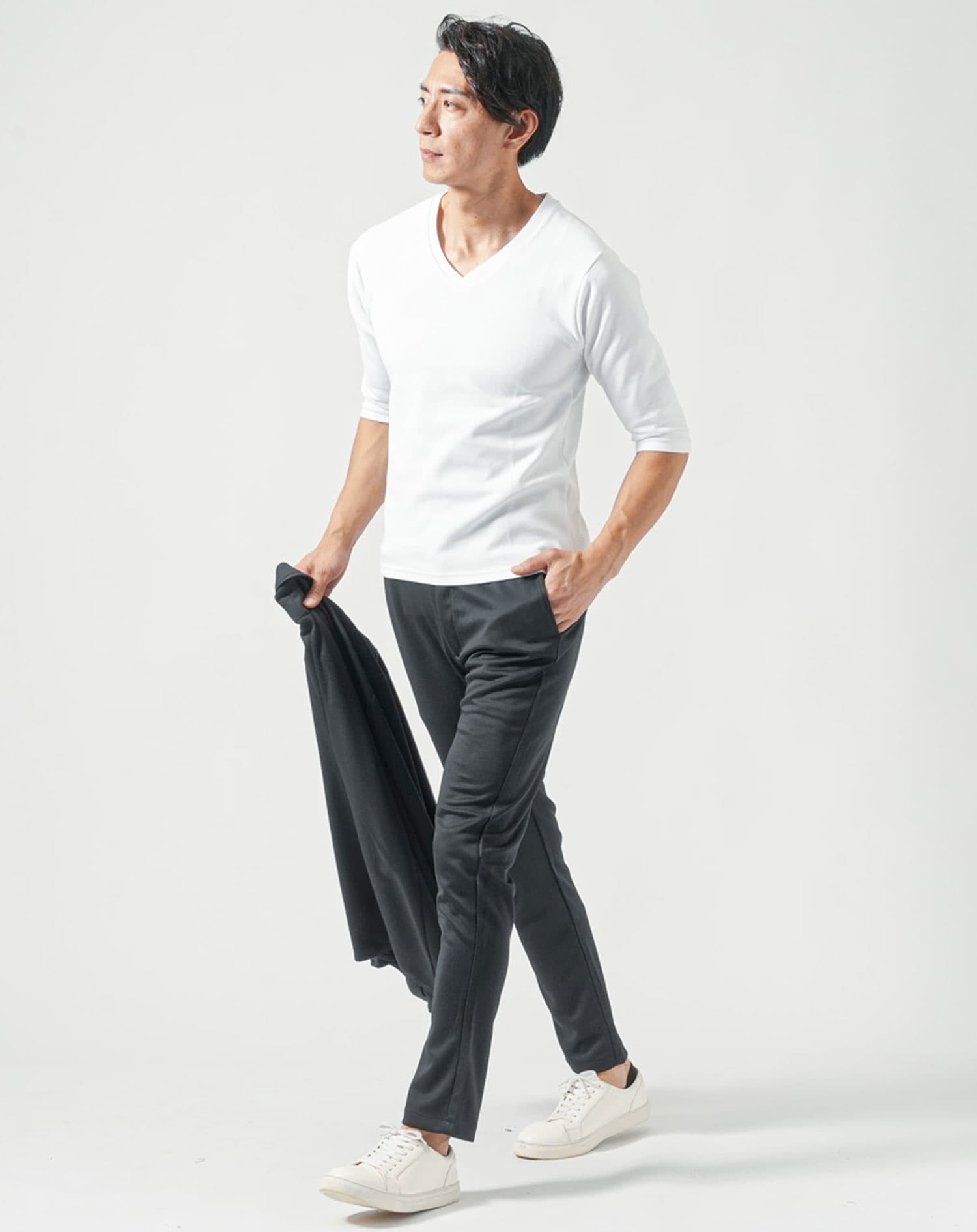 厚手生地スリムフィットストレッチ7分袖VネックTシャツ