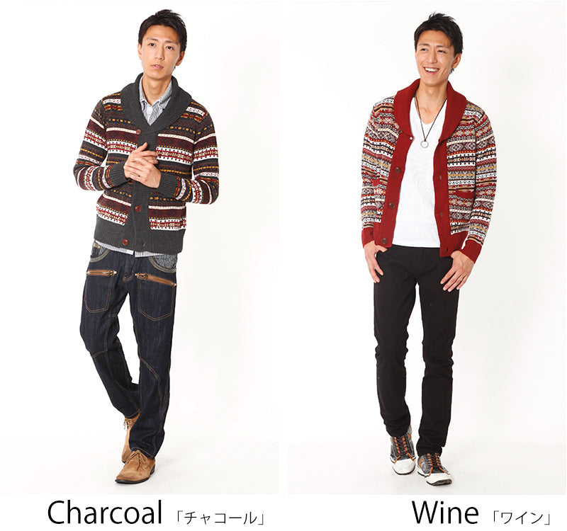 ウッド調ボタンショールカラー総柄カーディガン