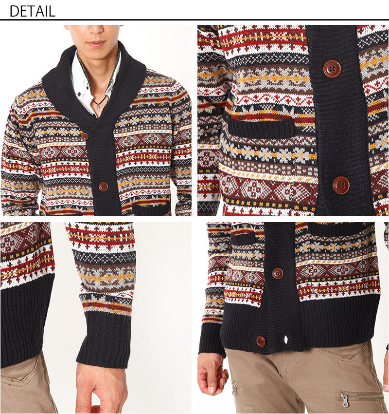 ウッド調ボタンショールカラー総柄カーディガン