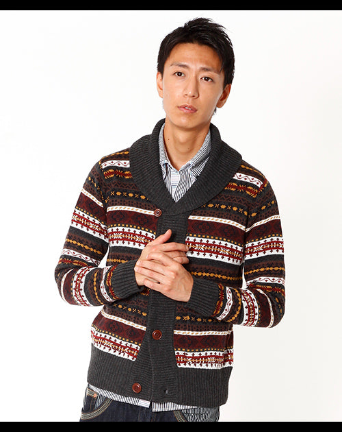 ウッド調ボタンショールカラー総柄カーディガン