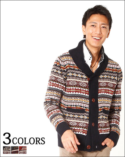 ウッド調ボタンショールカラー総柄カーディガン