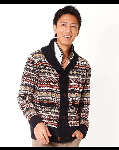 ウッド調ボタンショールカラー総柄カーディガン