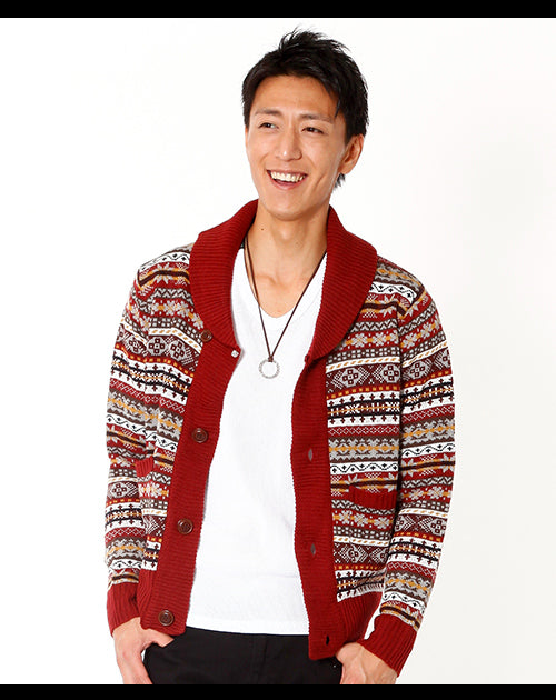 ウッド調ボタンショールカラー総柄カーディガン