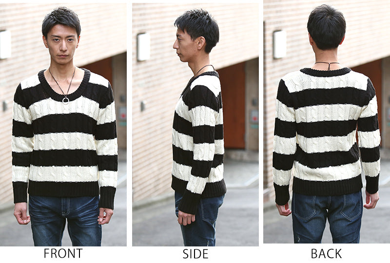 ボーダーデザインケーブル編みＵネックニット