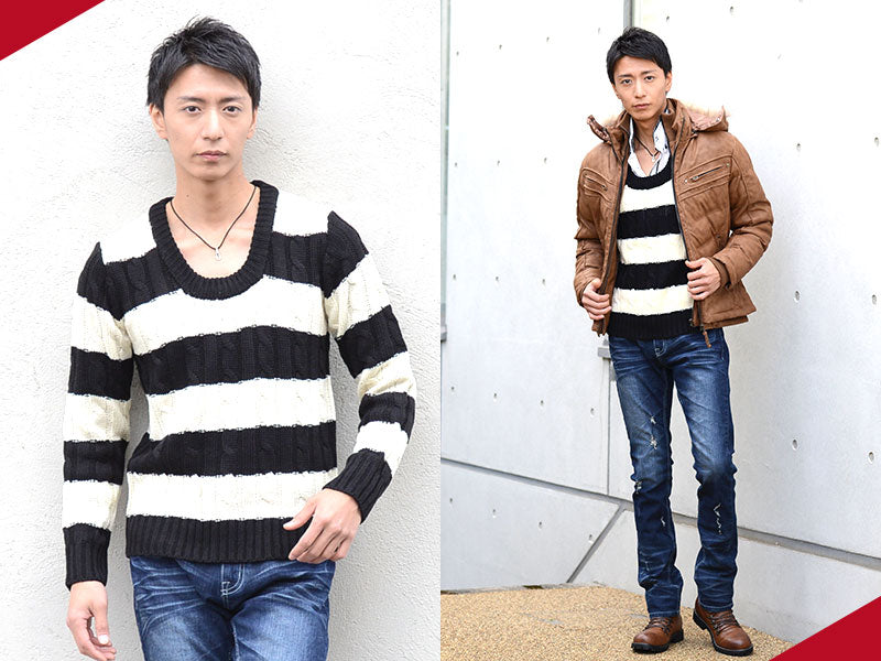 ボーダーデザインケーブル編みＵネックニット