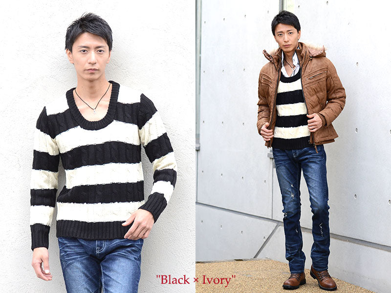 ボーダーデザインケーブル編みＵネックニット