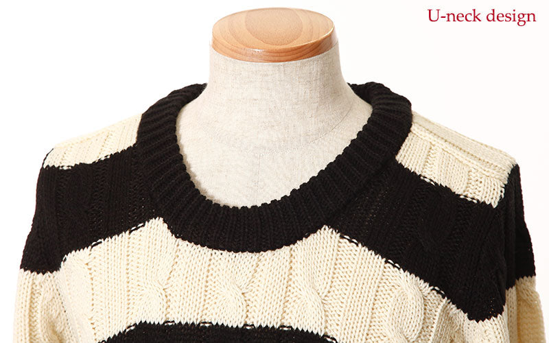 ボーダーデザインケーブル編みＵネックニット