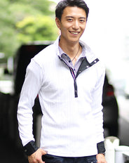 前立てトリコデザインテレコフェイクレイヤードスタンドカラー長袖ポロシャツ