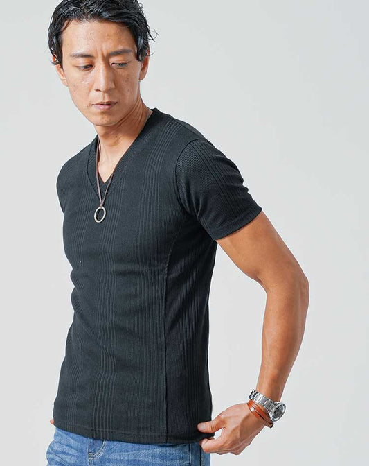 ランダムテレコVネック無地Tシャツ　７分袖・半袖