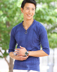 ランダムテレコVネック無地Tシャツ　７分袖・半袖