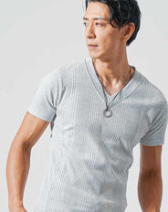 ランダムテレコVネック無地Tシャツ 7分袖・半袖