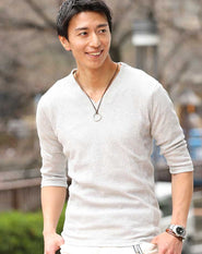 ランダムテレコVネック無地Tシャツ 7分袖・半袖