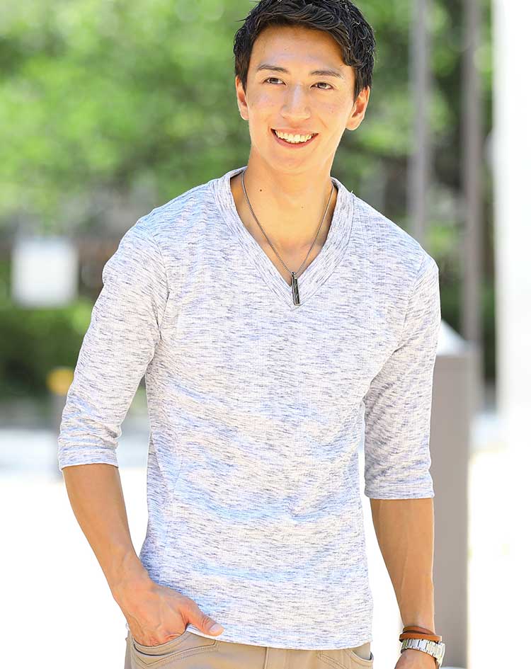 ランダムテレコVネック無地Tシャツ　７分袖・半袖