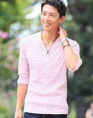 ランダムテレコVネック無地Tシャツ　７分袖・半袖