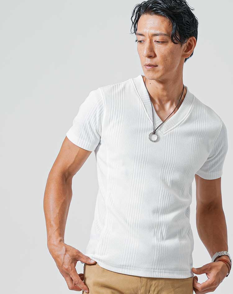 Tシャツ ７分袖 半袖 メンズ Vネック スリム 細身 タイト ぴったり おしゃれ ブランド 人気 おすすめ 無地 コーデ ランダムテレコ 40代 50代