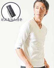 ランダムテレコVネック無地Tシャツ　７分袖・半袖