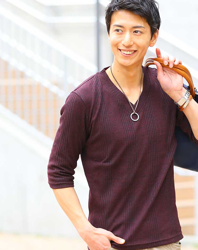 ランダムテレコVネック無地Tシャツ　７分袖・半袖