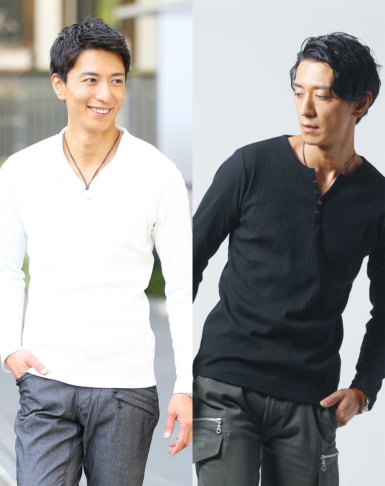 ランダムテレコ編みVネック長袖・7分袖Tシャツ 2枚セット Tシャツ