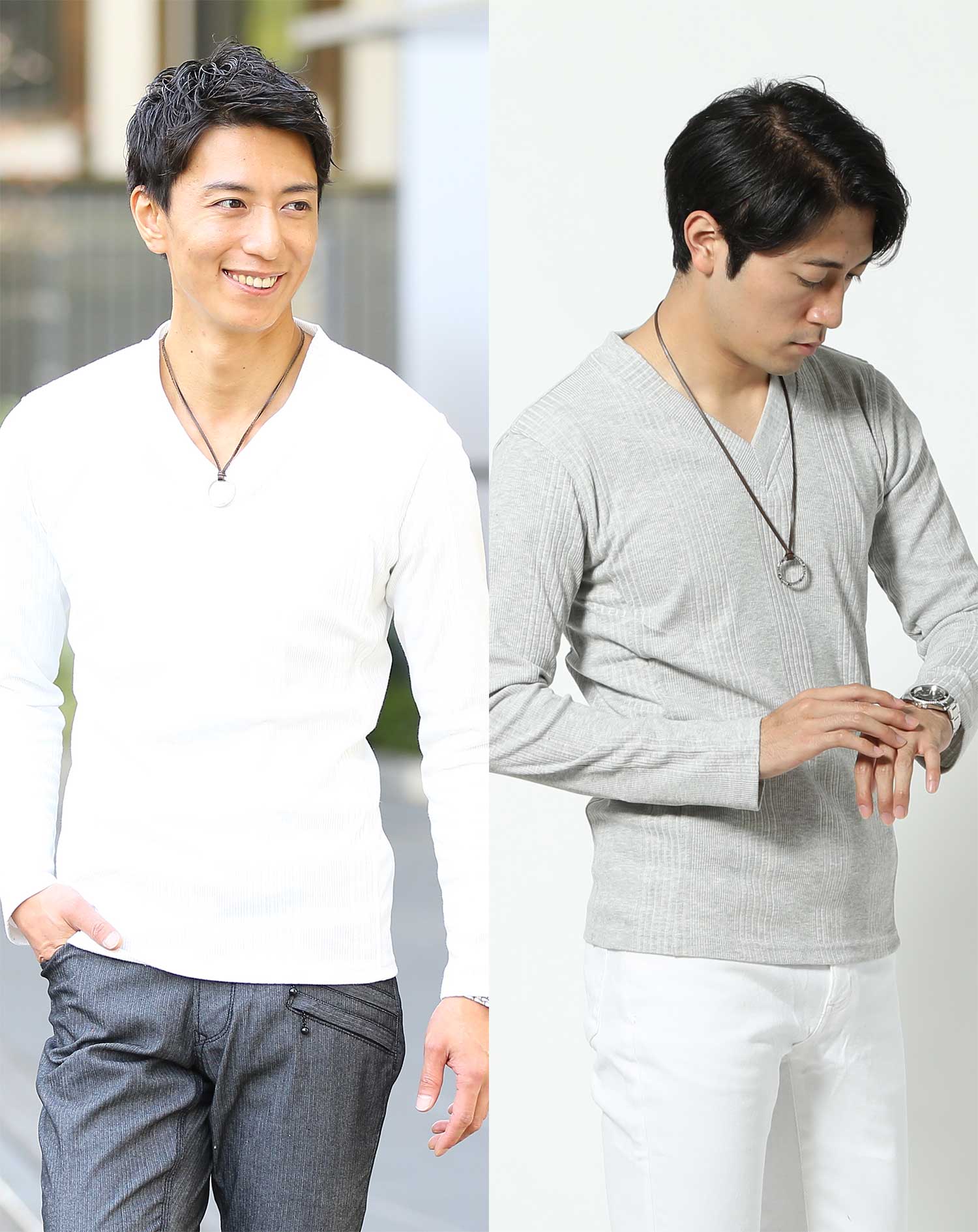 d.i.aホワイト Vネック 長袖Tシャツ vネック tシャツ カットソー メンズ ロンt 長袖tシャツ v字