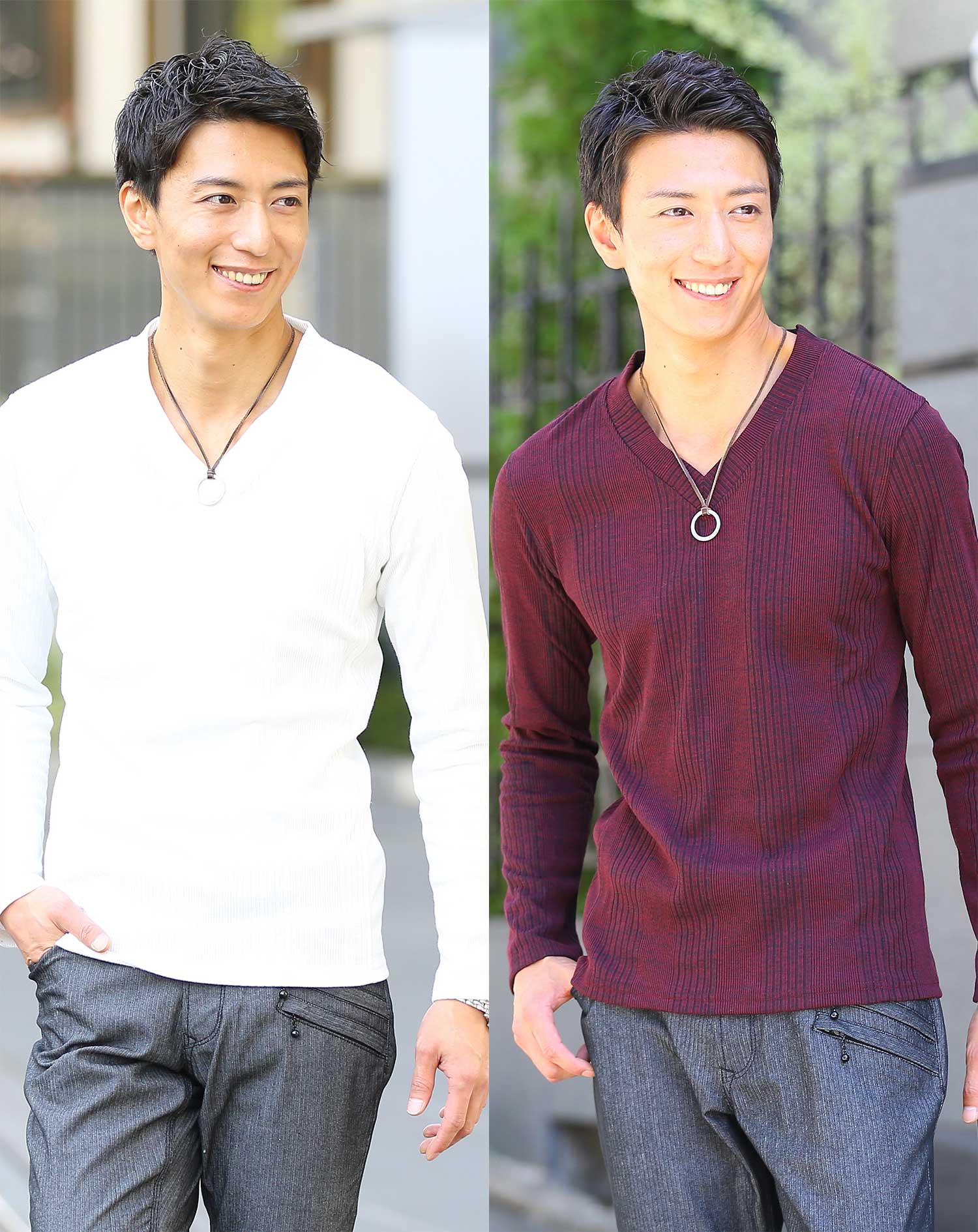 ランダムテレコ編みVネック長袖・7分袖Tシャツ 2枚セット Tシャツ