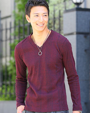 杢ワインVネック長袖Tシャツ