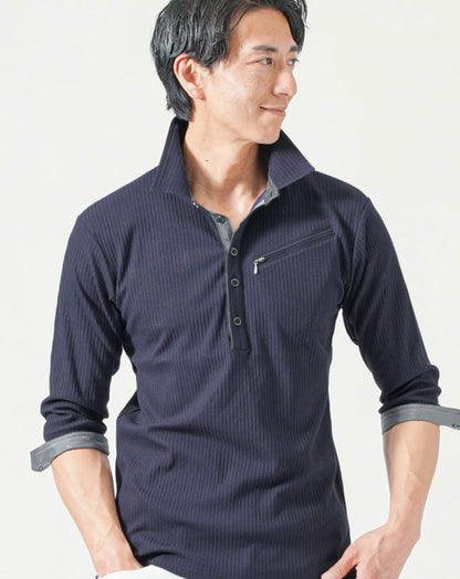 涼しい接触冷感前立てデザインランダムテレコ7分袖ポロシャツ