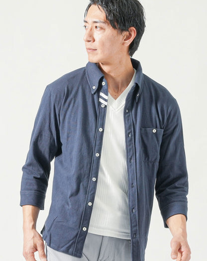 涼しい接触冷感鹿の子素材ラインデザイン前開き7分袖ポロシャツ