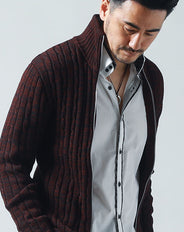 ケーブル編みスタンドカラーダブルジップニットアウター