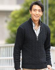 ケーブル編み込みジップアップスタンドニットアウター