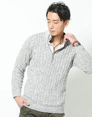 ケーブル編み込みジップアップスタンドニットアウター