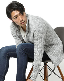 綿100％ケーブル編み込みジップアップスタンドニットアウター