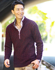 ケーブル編み込みジップアップスタンドニットアウター