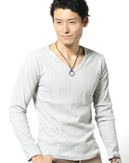 ランダムテレコ素材長袖VネックTシャツ