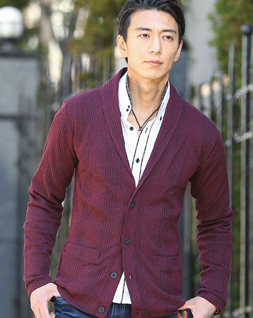 50代メンズにおすすめのランダムテレコショールカラーカーディガン
